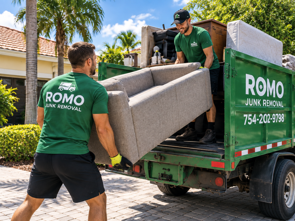ROMO Junk Removal crew removing a couch in Hollywood, FL